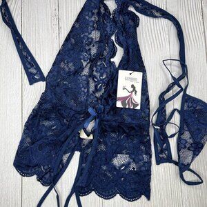 Womens Lingerie Size Small Navy Blue‎ With Matching Thong Panty New